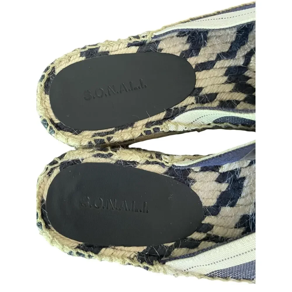 Woven Navy Cream Slip-On Espadrille Jute Platform Sandals Size 7